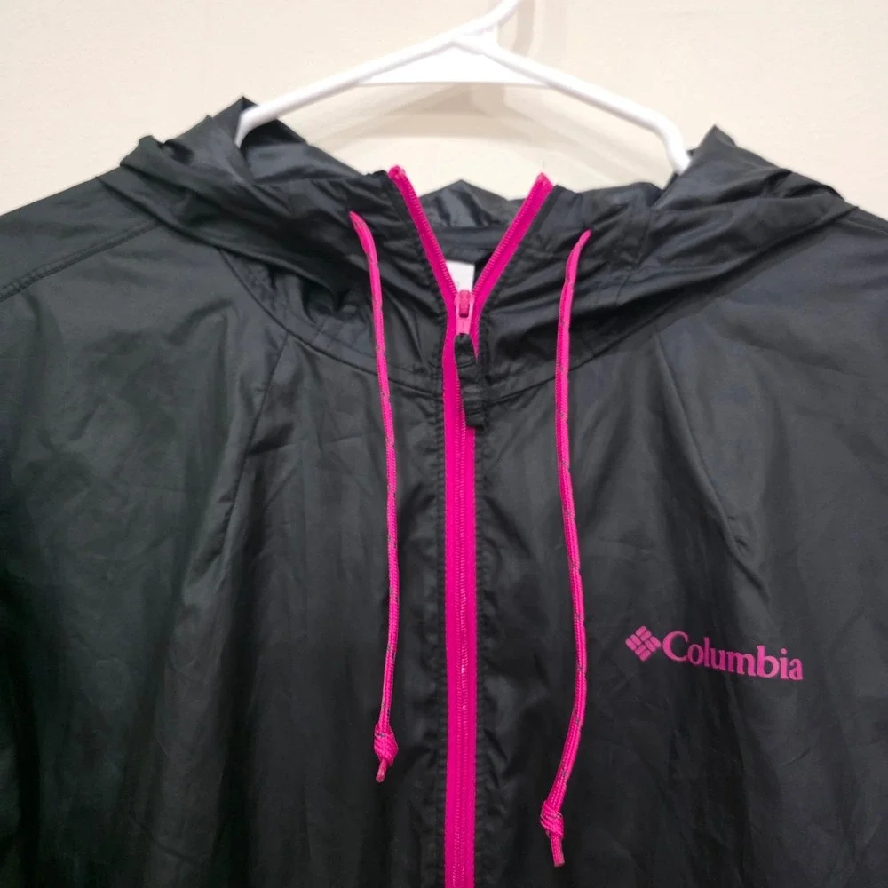 Columbia Womens Windbreaker Jacket Black Pink Full Zip‎ Hooded Shell Large